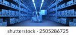 Digital warehouse. Automatic stock storage, modern distribution building, ecommerce warehouse, digital logistics, smart package hardware, AI delivery system, innovation in cargo, commercial storehouse
