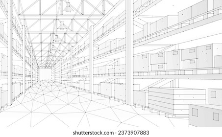 Almacén digital. Almacenamiento automático de existencias, edificio moderno de distribución, almacén de ecommerce, logística digital, hardware de paquetes inteligentes, sistema de entrega de IA, innovación en la carga, almacén comercial