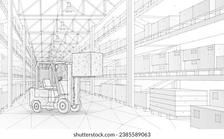 Digital warehouse. Automatic stock storage, modern distribution building, ecommerce warehouse, digital logistics, smart package hardware, AI delivery system, innovation in cargo, commercial storehouse