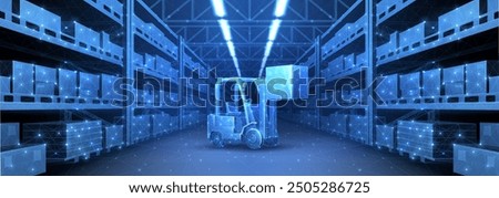 Digital warehouse. Automatic stock storage, modern distribution building, ecommerce warehouse, digital logistics, smart package hardware, AI delivery system, innovation in cargo, commercial storehouse