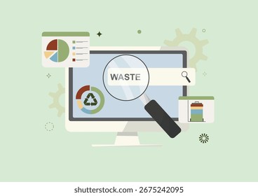 Digital Waste Management. Computer screen displaying waste research, recycling charts, and data visualization for environmental analysis and monitoring. Waste management indicator. Vector illustration