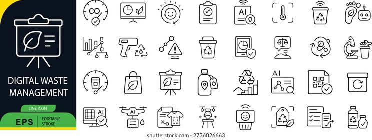 Digital Waste Management Line Icon Set Collection, Recycling Sustainability And Smart Environmental Technology Symbols, E Waste Disposal AI Monitoring Eco System Elements, Editable Stroke Vector Illustration, Minimal Outline Style, Black And Green Color, Isolated On White Background