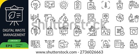 Digital Waste Management Line Icon Set Collection, Recycling Sustainability And Smart Environmental Technology Symbols, E Waste Disposal AI Monitoring Eco System Elements, Editable Stroke Vector Illustration, Minimal Outline Style, Black And Green Color, Isolated On White Background