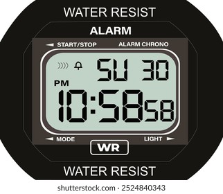 A digital watch face with alarm settings