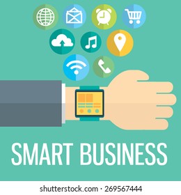 Digital watch with the simillar smartphone's functions, mobile icon set. Vector modern illustration and design element. Push notifications