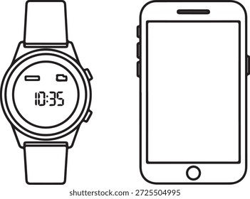 Reloj digital y smartphone lado a lado contornos negros sobre fondo blanco teléfono móvil