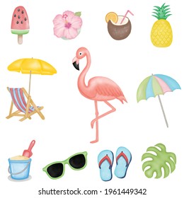  Digital Water color summer set . Collection of elements for the beach party.