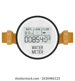 Digital water meter with metric unit markings. Vector illustration depicting themes of water conservation, smart utility monitoring, and efficient resource management
