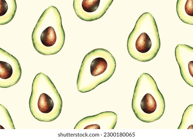 Digital watercolor Avocado seamless pattern vector. Fresh and tasty avocado isolated on white background. For design, print, textile and more