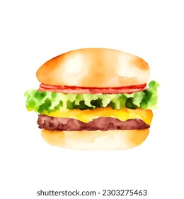 Hamburguesa de acuarela digital aislada en fondo blanco. Ilustración de la comida rápida