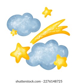 Digital watercolor gold stars and blue clouds. Magic design decor printing on textiles for baby and kids