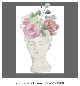 Digital watercolor greek style woman head vase with flowers