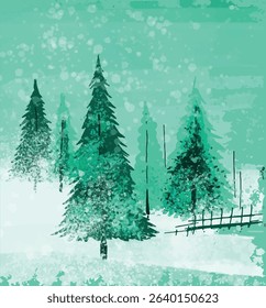 A digital watercolor illustration depicting a serene winter landscape with snow-covered evergreen trees in varying shades of green and a small fence