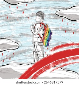 Digital Watercolor Illustration of a Young Boy with Colorful Backpack Floating Among Rainy Blue Clouds – Hand Drawn Fantasy Student Artwork for Children and Weather Themes