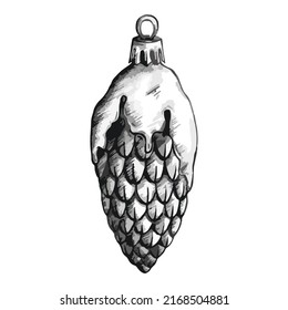 Digital watercolor New Year Christmas tree glass pine cone toy isolated monochrome sketch digital vector line art