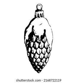 Digital watercolor New Year Christmas tree glass pine cone toy isolated monochrome sketch digital vector line art