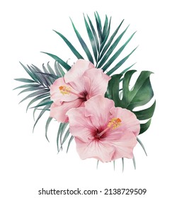 Digital watercolor painting bouquet with Hibiscus flowers, Palm leaves, Monstera Deliciosa Leaf.