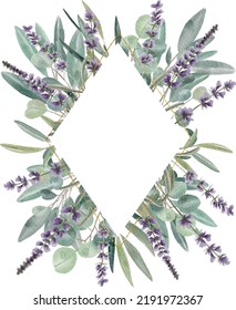 Plantilla de tarjeta de pintura de acuarela digital con brotes de lavanda y vegetación aislados en blanco