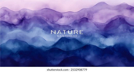 A digital watercolor painting depicting a mountainous landscape with hues of purple and blue, creating a soft and dreamy atmosphere.