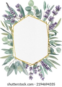 Digital watercolor painting floral frame template with lavender eucalyptus leaves, sage and olive branches isolated on white