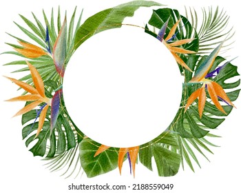 Digital watercolor painting fresh tropical card template with green leaves and bird of paradise flowers with golden border isolated on white