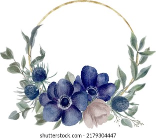 Digital Watercolor Painting Golden Circle Floral Frame With Blue Anemone Blue Thistle Rose And Eucalyptus Branches