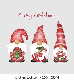 Digital watercolor painting  red gnome , Red gnome holding candy, gift box,candle for christhmas. vector illustration