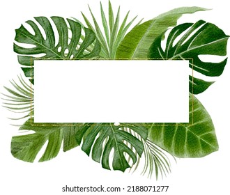 Digital watercolor painting tropical leaves frame geometrical card template with golden border isolated on white