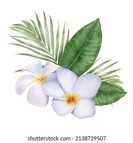 Digital watercolor painting with tropical white Frangipani flowers and palm leaves.