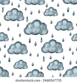 Digital Watercolor rain, clouds and drops seamless pattern