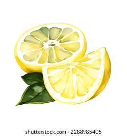 Digital watercolor ripe, juicy lemon with green leaf. Realistic tropical fruit.