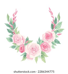 Digital watercolor rose flower frame wreath design pink and white bouquet flower design vector.