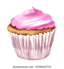 Digital Watercolor strawberry cupcake, hand drawn delicious food illustration, vector isolated on white background