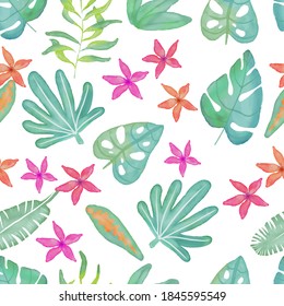 digital watercolor tropical leaves and flowers seamless pattern. Isolated on white.Green plants, botanical vector illustration, floral design.For gift wrapping, wallpaper, textile, scrubbing, web page