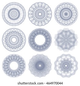 Digital watermark. Guilloche set. It can be used as a protective layer for the certificates, diplomas, banknotes. Pattern Rosette for Fake Money or Other Security Papers - decorative elements.