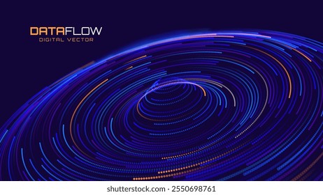 Fundo de Big Data da grade de linhas de áudio de círculo de onda digital. Espalhando Círculos De Ondas Sonoras. Dados Visuais. Onda Sonora Circular Futurista. Visualização de Big Data. Espaço virtual 3D VR Cyberspace. Vetor.