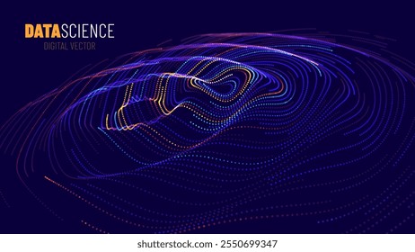 Os Círculos De Ondas Digitais Abstraem O Fundo Da Ciência De Big Data. Espalhando Círculos De Ondas Sonoras. Dados Visuais. Onda Sonora Circular Futurista. Visualização de Big Data. Espaço virtual 3D VR Cyberspace. Vetor.