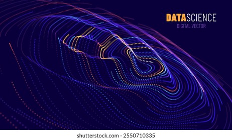 Os Círculos De Ondas Digitais Abstraem O Fundo Da Ciência De Big Data. Espalhando Círculos De Ondas Sonoras. Dados Visuais. Onda Sonora Circular Futurista. Visualização de Big Data. Espaço virtual 3D VR Cyberspace. Vetor.