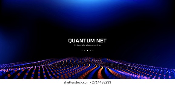 Onda digital de puntos coloridos sobre fondo oscuro. Rejilla de partículas de tecnología Abstractas para Plantilla de Anuncio de Web. Concepto abstracto de red cuántica.