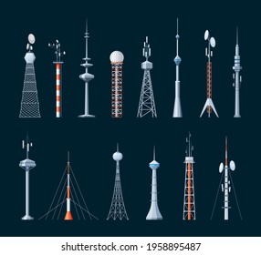 Digital and wave communication towers set. Parabolic metal construction with antennas radar spiers wireless global broadcasting and transmission industrial receivers for mobile 5g. Vector network.