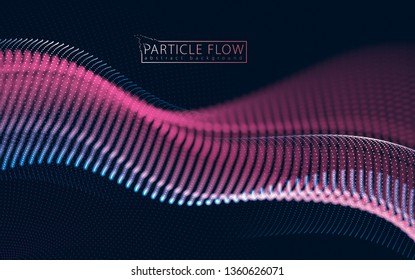 Digital wave of flowing particles in motion. Vector abstract dark background. Mesh of glowing dots, beautiful illustration.