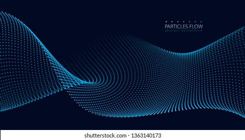 Digital Wave Of Flowing Particles In Motion. Vector Abstract Dark Background. Mesh Of Glowing Dots, Beautiful Illustration.