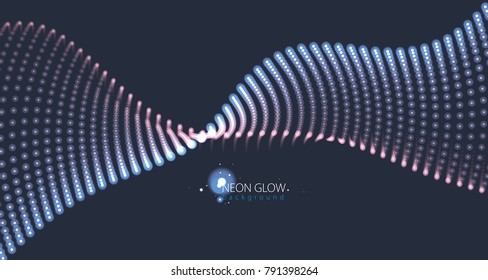Digital wave of flowing particles in motion. Vector abstract dark background. Mesh of glowing dots, beautiful illustration.