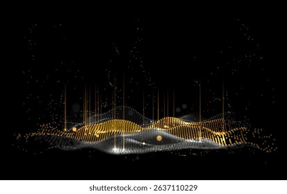 Digital wave with glowing particles. Cybernetic ocean abstract data visualization. AI-inspired liquid tech background 3D. Holographic particle sea for metaverse. Vector background