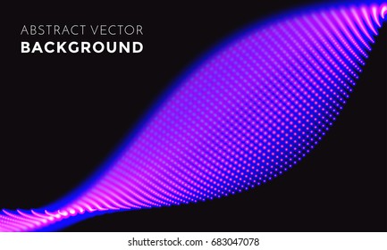 Digital wave light with 3D lights digital technology. Vector neon LED illumination in wave splash motion on black for tv music festival performance screen background.