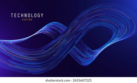 Digitale Wellen-Mathematik-Fractal-Form mit blauen und orangen Teilchenpunkten. Abstrakter dynamischer Wellenhintergrund. Technologie- oder Wissenschafts-Event-Präsentation Banner Hintergrund. Vektorgrafik.