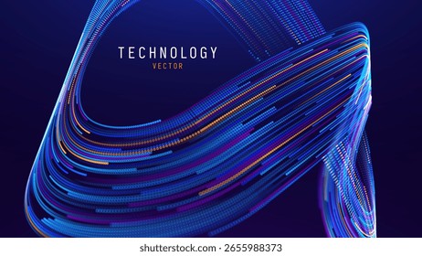 Digital Wave Math Fractal Shape with Blue and Orange Particle Dots. Abstract Dynamic Wave Background. Technology or Science Event Presentation Banner Backdrop. Vector Illustration.