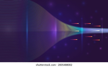 Digital wave particles background vector. Data science, system illustration. Software, glow wavy technology lines. Aerodynamic modeling, the movement of an asteroid in space