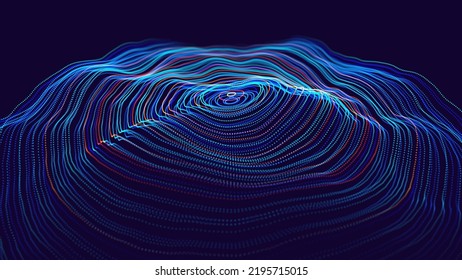 Digital Wave Particles Grid Big Data Background. Spreadint Sound Waves Circles. Streaming Data. Futuristic Circular Sound Wave. Big Data Visualization. 3D Virtual Space VR Cyberspace. Vector.