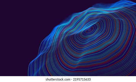 Digital Wave Particles Grid Big Data Background. Spreadint Sound Waves Circles. Streaming Data. Futuristic Circular Sound Wave. Big Data Visualization. 3D Virtual Space VR Cyberspace. Vector.